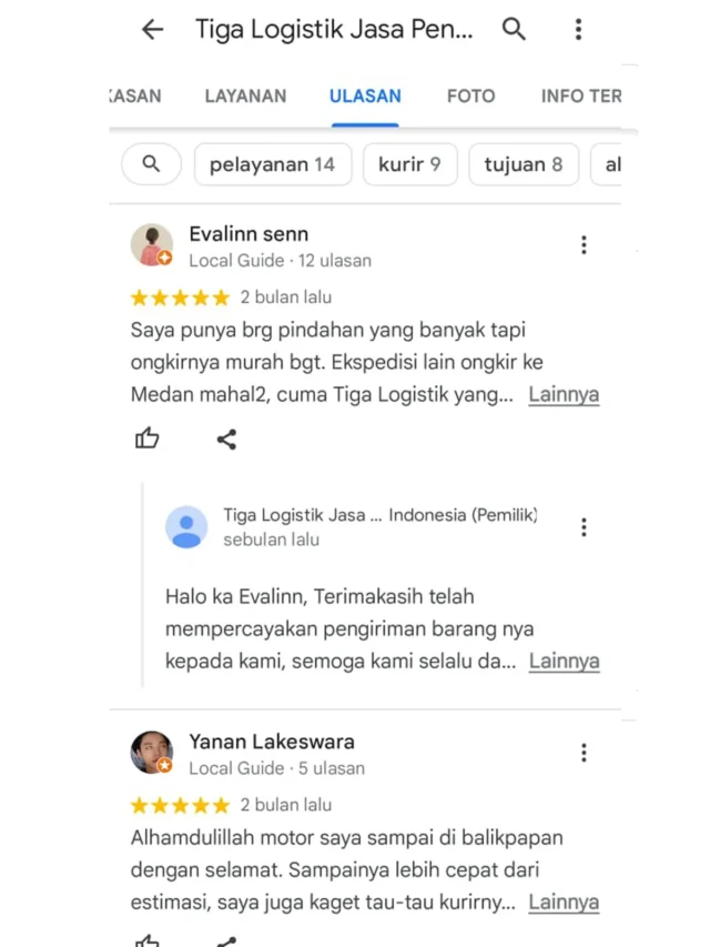 Ulasan pelanggan Tiga Logistik di Google, tangkapan layar 2