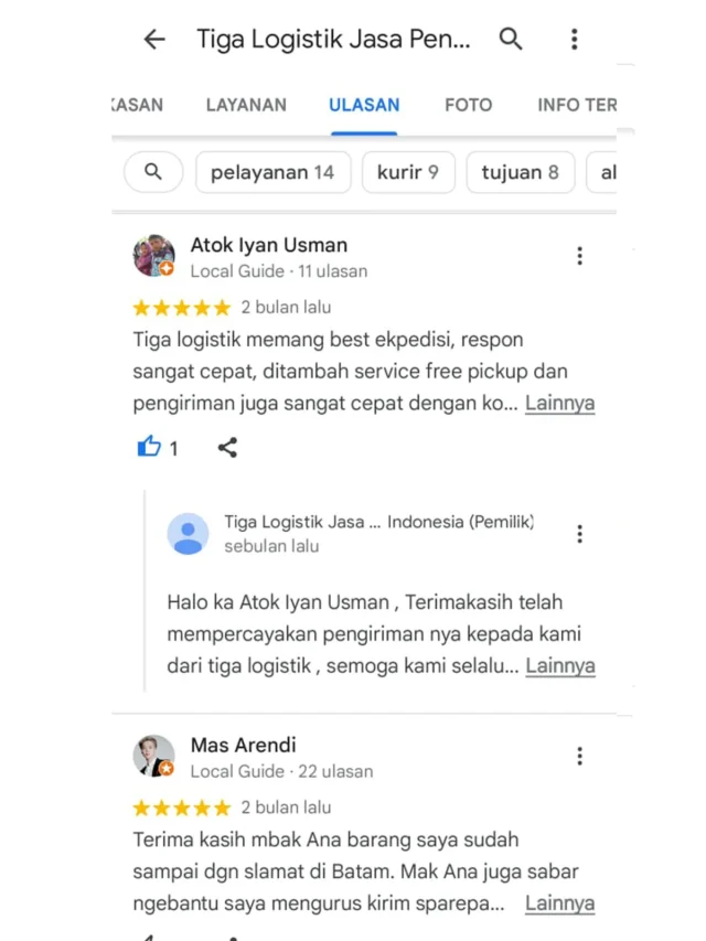 Ulasan pelanggan Tiga Logistik di Google, tangkapan layar 3