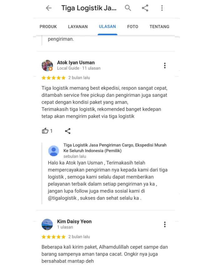 Ulasan pelanggan Tiga Logistik di Google, tangkapan layar 5