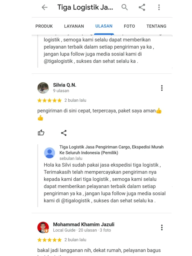 Ulasan pelanggan Tiga Logistik di Google, tangkapan layar 6